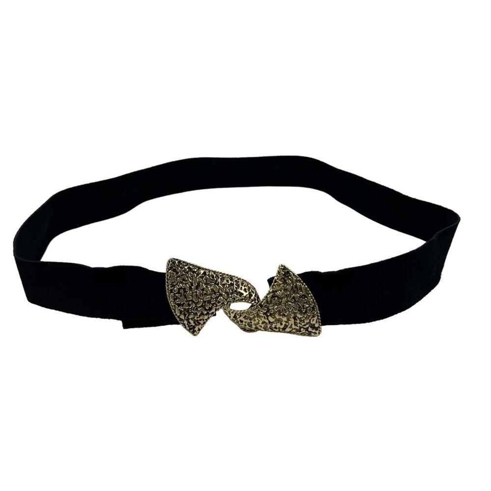 Vtg Clara for Firenze Belt Black Suede Gold Interlocking Buckle Adjustable 38”